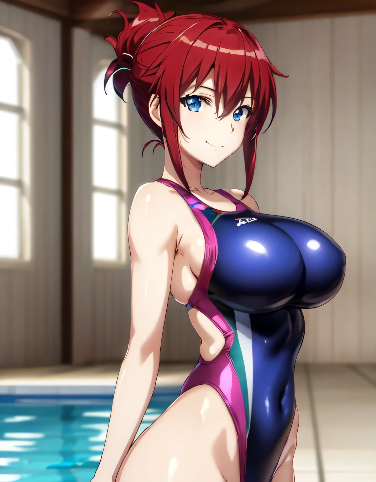 sakurai aoi rw,smile,(blue eyes),red hair,short hair,folded ponytail,indoor pool,(large breasts:1.5),(shiny,hair),((solo)),((masterpiece)),((best quality)),perfect anatomy,slim waist,perfect image,8k UHD,(beautiful detailed eyes:1.5),extremely detailed face,standing,(upper body:1.2),(look at the front:1.5),arms behindback,ultra-detailed,absurdres,highres,(shiny Competition swimsuit:1.2),light smile,(latex),