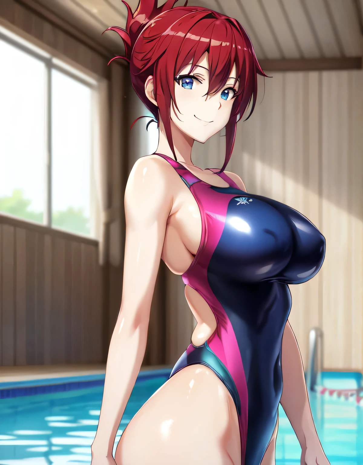 sakurai aoi rw,smile,(blue eyes),red hair,short hair,folded ponytail,indoor pool,(large breasts:1.5),(shiny,hair),((solo)),((masterpiece)),((best quality)),perfect anatomy,slim waist,perfect image,8k UHD,(beautiful detailed eyes:1.5),extremely detailed face,standing,(upper body:1.2),(look at the front:1.5),arms behindback,ultra-detailed,absurdres,highres,(shiny Competition swimsuit:1.2),light smile,(latex),