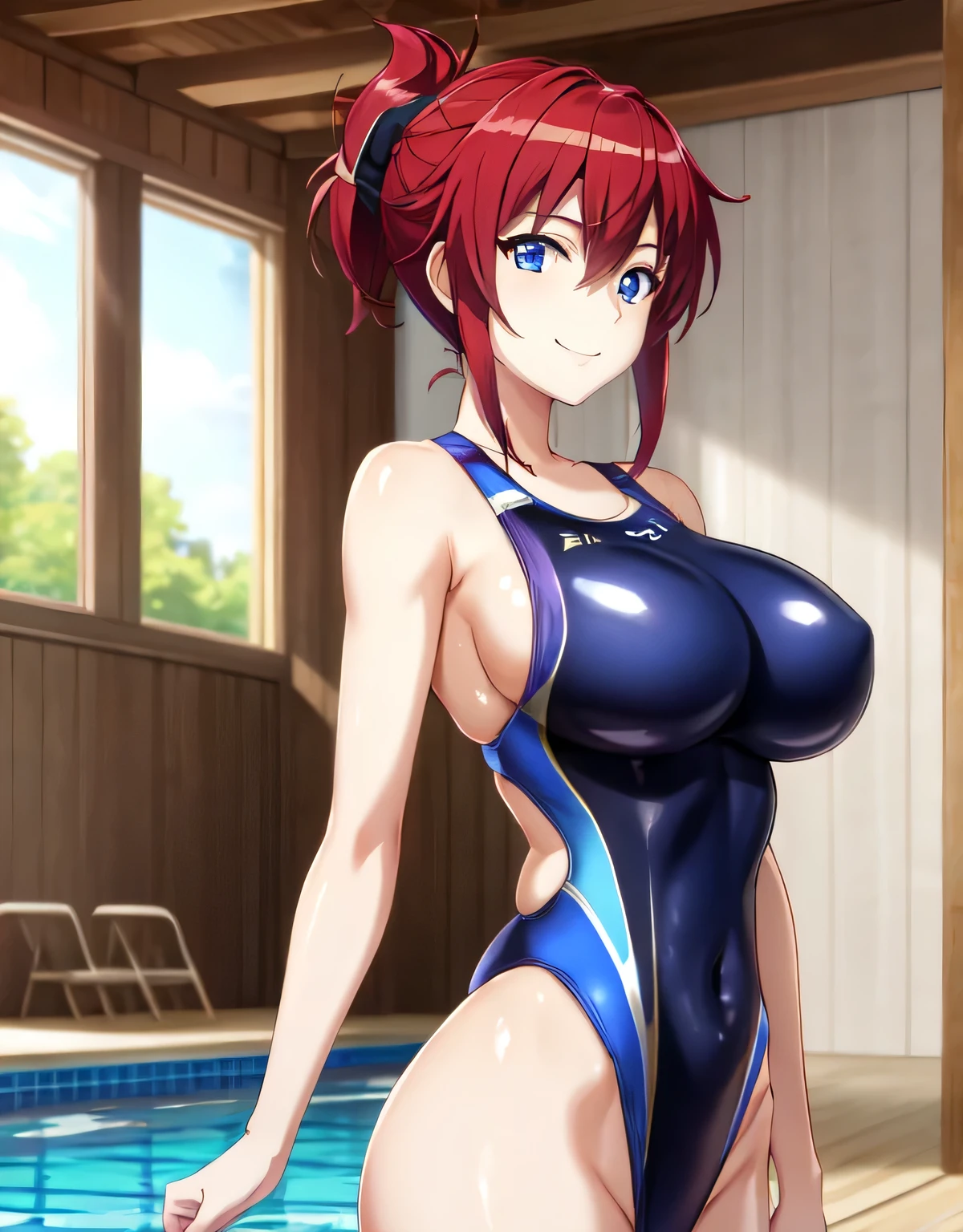 sakurai aoi rw,smile,(blue eyes),red hair,short hair,folded ponytail,indoor pool,(large breasts:1.5),(shiny,hair),((solo)),((masterpiece)),((best quality)),perfect anatomy,slim waist,perfect image,8k UHD,(beautiful detailed eyes:1.5),extremely detailed face,standing,(upper body:1.2),(look at the front:1.5),arms behindback,ultra-detailed,absurdres,highres,(shiny Competition swimsuit:1.2),light smile,(latex),