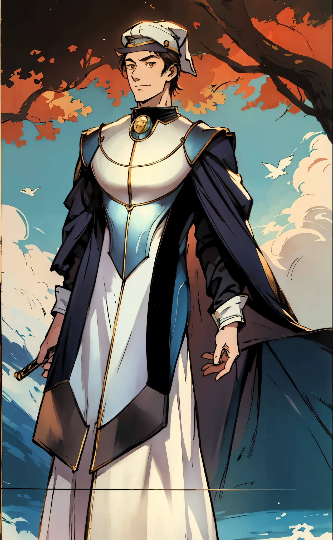 A young man wearing a scholar's square cap, clear and bright eyes, a dignified and refined face, a friendly smile, short hair is peeking out the cap, tall and slender figure, a fantasy-style scholar's long robe coat with a long hem, wide sleeves, loose trousers, bathed in sunlight amidst the gentle breeze of the woods, this character embodies a finely crafted fantasy martial arts-style scholar in anime style, exquisite and mature manga art style, high definition, best quality, highres, ultra-detailed, ultra-fine painting, extremely delicate, professional, perfect body proportions, golden ratio, anatomically correct, symmetrical face, extremely detailed eyes and face, high quality eyes, creativity, RAW photo, UHD, 32k, Natural light, cinematic lighting, masterpiece-anatomy-perfect, masterpiece:1.5