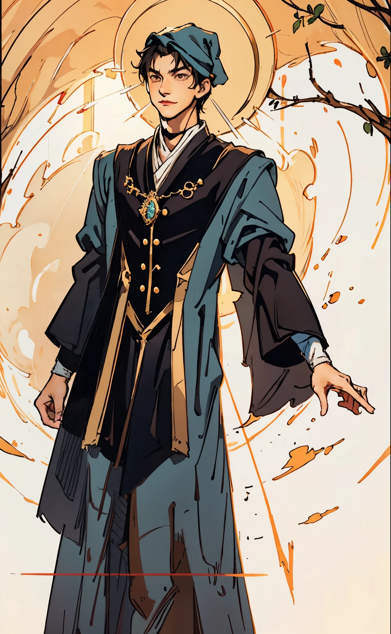 A young man wearing a scholar's square cap, clear and bright eyes, a dignified and refined face, a friendly smile, short hair is peeking out the cap, tall and slender figure, a fantasy-style scholar's long robe coat with a long hem, wide sleeves, loose trousers, bathed in sunlight amidst the gentle breeze of the woods, this character embodies a finely crafted fantasy martial arts-style scholar in anime style, exquisite and mature manga art style, high definition, best quality, highres, ultra-detailed, ultra-fine painting, extremely delicate, professional, perfect body proportions, golden ratio, anatomically correct, symmetrical face, extremely detailed eyes and face, high quality eyes, creativity, RAW photo, UHD, 32k, Natural light, cinematic lighting, masterpiece-anatomy-perfect, masterpiece:1.5