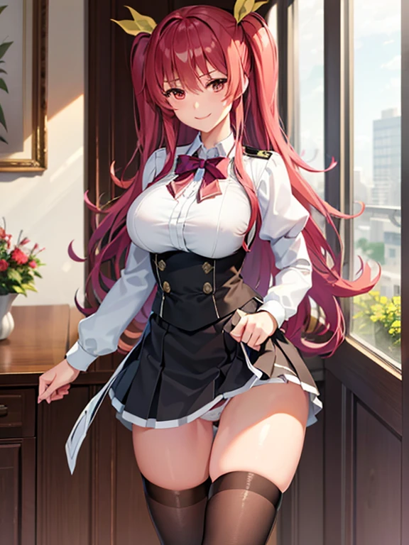 ​masterpiece、top-quality、1 girl、Stella Vermillion、Uniforms、black thighhighs、self-assured、Smiling Courtyard、is standing、cowboy  shot、A smile、tease, (white  panties:1.3)、(Skirt that rolls up:1.3)、sexy