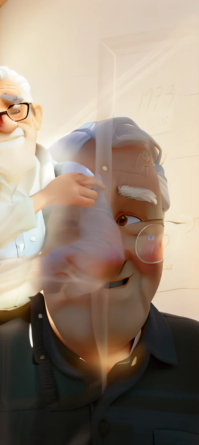 A wise old man with white hair without a beard standing in front of, illuminated by the light of a lamp, de camisa azul social, tendo como plano de fundo uma parede sem detalhes