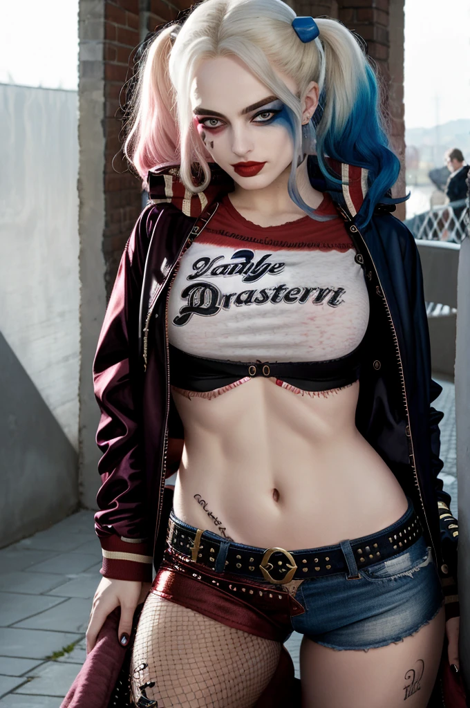 (NSFW) Harley Quinn, makeup, bare breasts and hot pants, relaxing on a deserted tropical beach, dramatic lighting, (depth of field), ((masterpiece)), ((best quality)), ((highly detailed)), Gnarly Quim