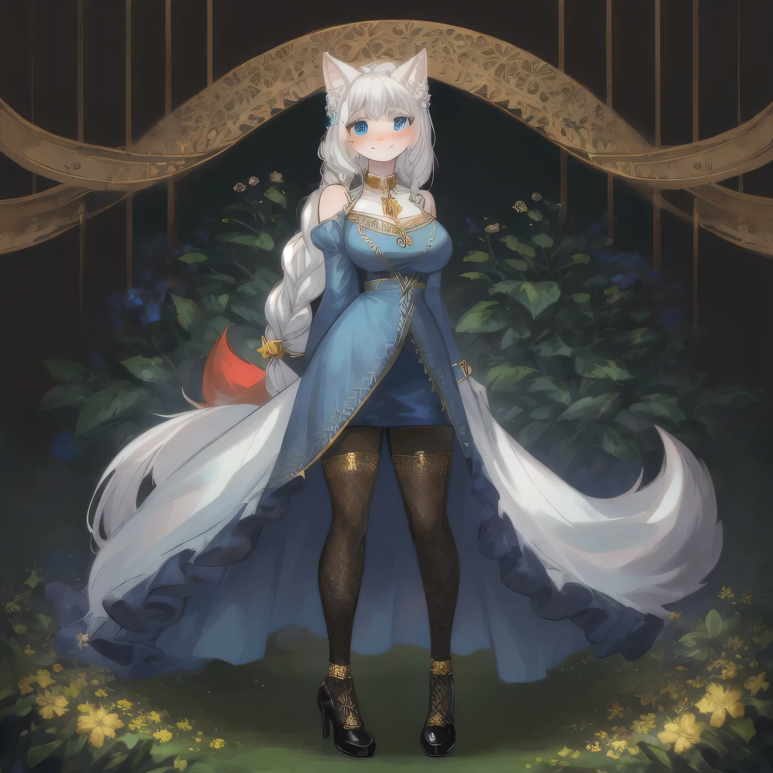 woman, furry woman, wolf woman, full body portrait, full fur, white fur, full tail, big tail, white tail, white hair, long hair, bushy hair, hair with braid, a brooch in the hair, pattern of flower brooch, gold-colored brooch, almond-shaped eyes, blue eyes, shy smile, charming face, red cheek, semi-long dress, blue dress, patterned dress, gold embroidery, chic tights, patterned tights, black tights, chic shoe, heeled shoe, scarpin shoe, lush vegetation wallpaper,