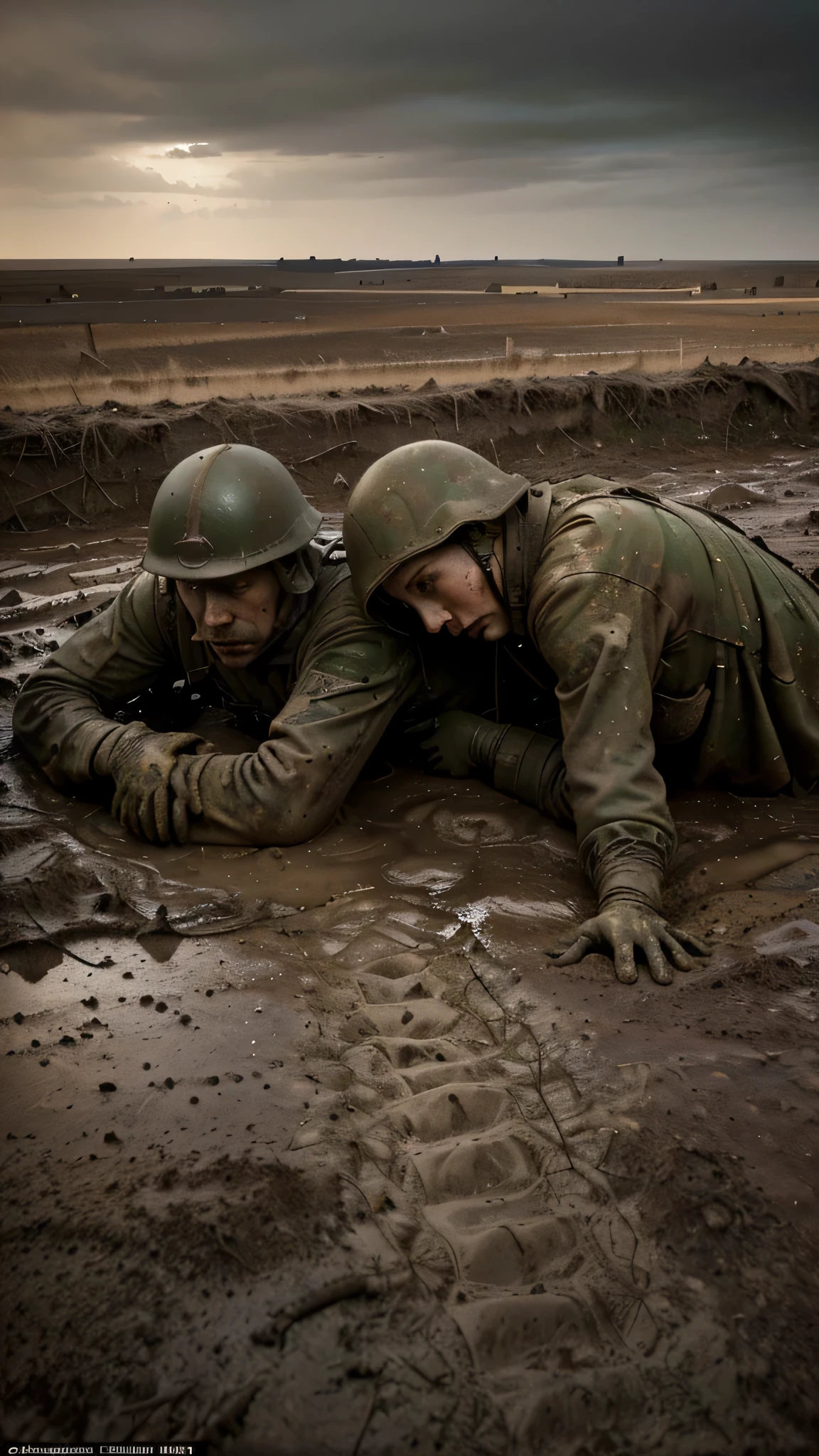 A barren, muddy landscape with endless trenches stretching into the distance, revealing the harsh realities of war. The trenches are filled with thick, sticky mud and are surrounded by desolation and desolation. The ground is damp, with puddles of water reflecting the somber sky above. Within the trenches, the silhouette of soldiers can be seen huddled together, their forms obscured by darkness and chaos.
The material of this artwork is reminiscent of a detailed illustration of a historical war scene, capturing the depth and complexity of the muddy trenches. The details are ultra-detailed, emphasizing every texture and contour of the trenches and soldiers. The atmosphere is realistic, depicting the harshness and brutality of war.
Additional details within the scene include barbed wire fences tangled amongst the trenches, accentuating the sense of confinement and danger. The soldiers' uniforms are worn and weathered, showing signs of fatigue and battle. The expressions on their faces depict a mix of determination, exhaustion, and fear.
The lighting in this artwork is dim, with a gloomy and somber atmosphere. The color palette is muted, with tones of gray, brown, and green dominating the scene. The use of shadows and highlights adds depth and dimension to the muddy landscape.
Overall, this artwork aims to convey the harshness and despair of war, with the barren, muddy trenches serving as a visual representation of the soldiers' struggles and sacrifices. It captures the essence of a historical war scene with its attention to detail, realistic atmosphere, and somber color palette. Ultimately, this artwork strives to evoke emotional and impactful responses from viewers.
