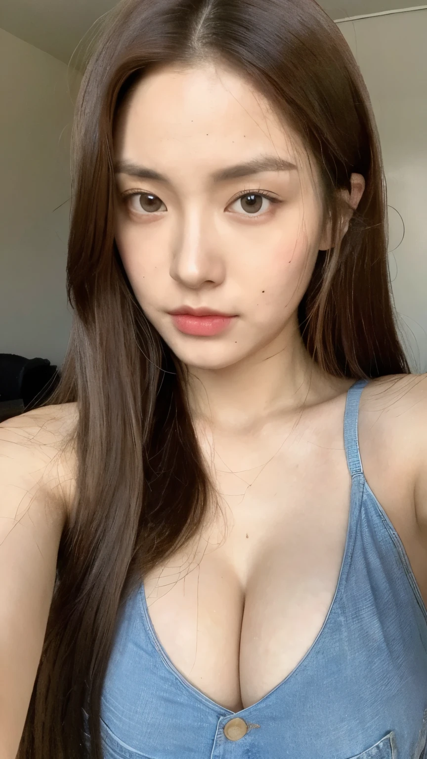 (lifelike, high - resolution:1.3), 1 girl with a perfect body, Super fine face and eyes,long hair, Tank top of random colors:1.2, short jeans, big boob,Expose cleavage, fullbody,