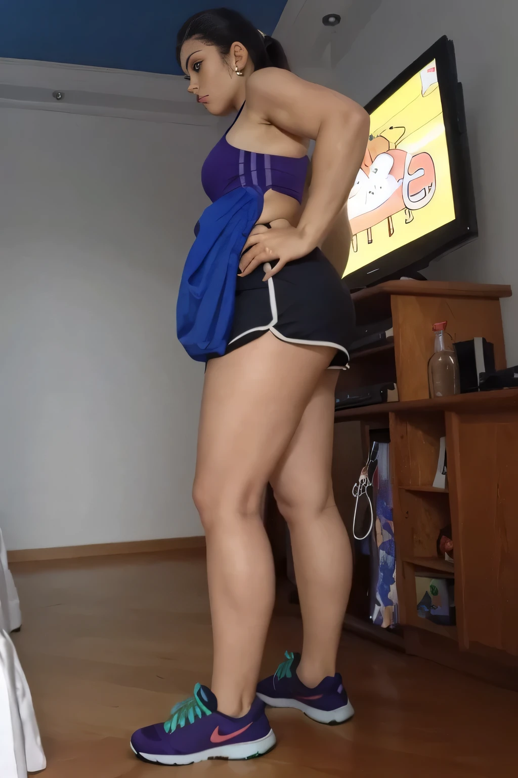 there is a woman standing in a room with a tv, in shorts, legs visible, exposed thighs!!!, legs and arms, leg and thigh shot, thighs!!!!!!, fit pic, thighs!!!, side pose, low quality photo, very very low quality picture, bare thighs!!!, side view, juicy legs, massive legs towering over you, long shot from back