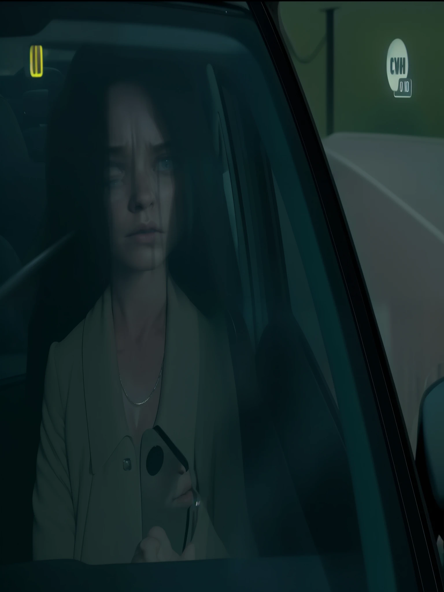 arafed woman in a car with a cell phone in her hand, in this ominous scene, movie screencap, stunning moody cinematography, movie screen shot, from the tusk movie, stillframe, screenshot from a movie, movie screenshot, movie frame still, intense scene, still frame from a movie, movie still frame, still image from tv series