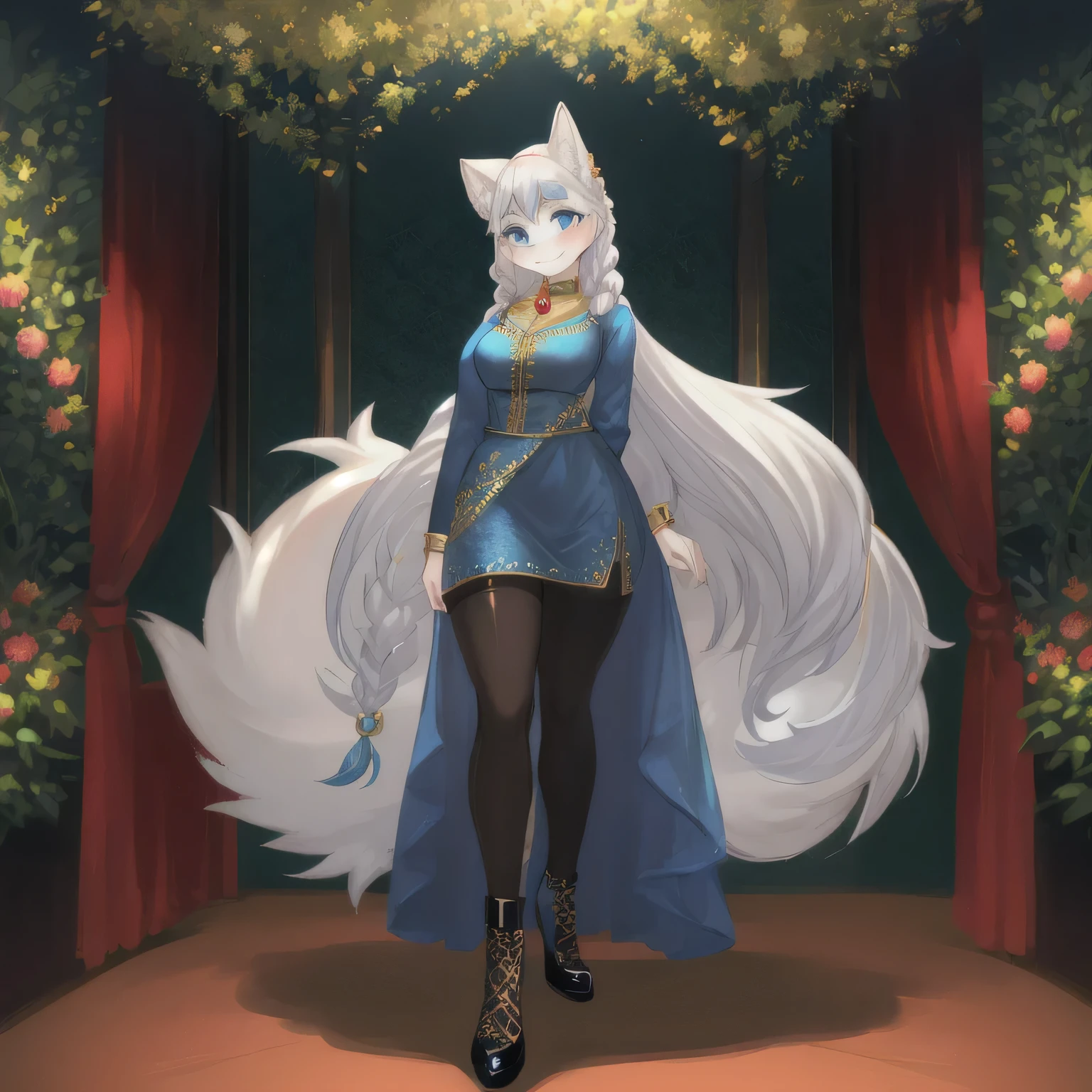 woman, furry woman, wolf woman, full body portrait, full fur, white fur, full tail, big tail, white tail, white hair, long hair, bushy hair, hair with braid, a brooch in the hair, pattern of flower brooch, gold-colored brooch, almond-shaped eyes, blue eyes, shy smile, charming face, red cheek, semi-long dress, blue dress, patterned dress, gold embroidery, chic tights, patterned tights, black tights, chic shoe, heeled shoe, scarpin shoe, lush vegetation wallpaper,