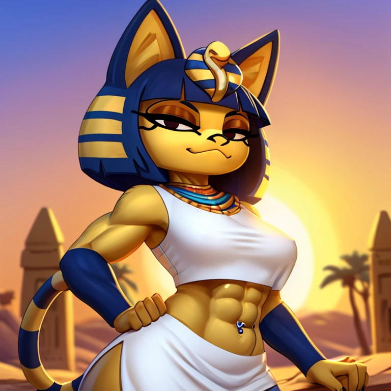 a digital artwork of ankha with abs wearing a crop top of her white sleeveless dress outfit with a bare midriff and a bare navel , digital art, ((perfect face)), ((best quality)), ((masterpiece)), sideview, Egypt setting, navel piercing, smug look