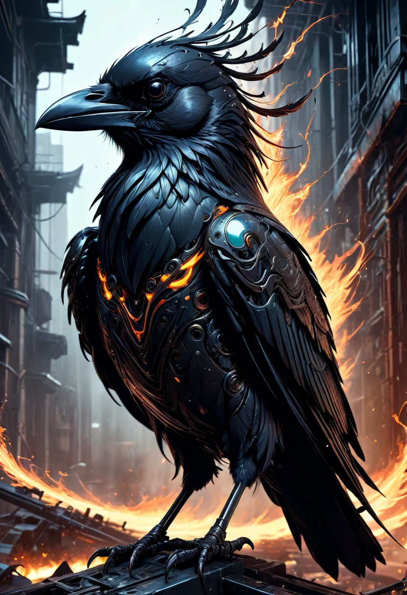 A masterful artistic digital rendering of a sinister cybernetic crow made from sparks and fire by Simon Prades, h.r giger, russ mills, Shaun Ryken, celestial, UHD, 8k resolution, fantasy editorial art, complex and hyperdetailed, beautiful composition, a modern surrealistic masterpiece by Dan Mumford