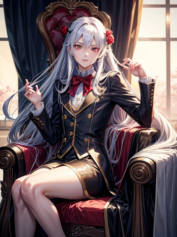 Long-haired woman sitting on a chair holding a rose、 beautiful androgynous prince, handsome anime pose, Demon slayer art handsome man, delicate and androgynous prince, anime handsome man, handsome 男性のvampire, anime male characters, alucard, sakimichan frank franzzeta, 男性のvampire, vampire, detailed anime character art, アニメのvampire、whole body、Cherry tree、Very elegant、so gorgeous、