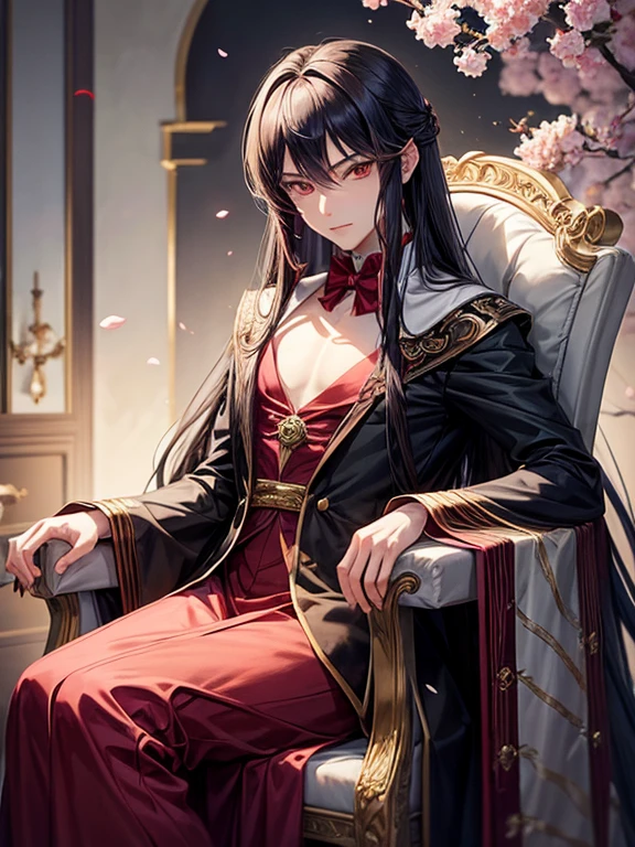 Long-haired woman sitting on a chair holding a rose、 beautiful androgynous prince, handsome anime pose, Demon slayer art handsome man, delicate and androgynous prince, anime handsome man, handsome 男性のvampire, anime male characters, alucard, sakimichan frank franzzeta, 男性のvampire, vampire, detailed anime character art, アニメのvampire、whole body、Cherry tree、Very elegant、so gorgeous、