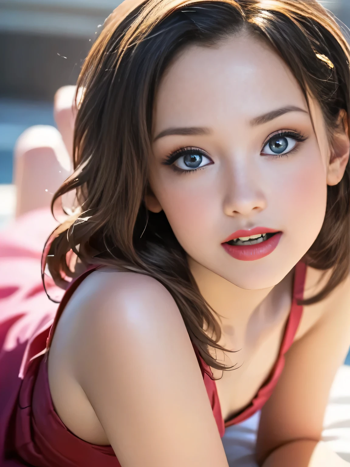 (best quality, 8k, highres, photorealistic:2.0), (solo, one girl:2.0),(photo taken using flash:1.9),(brighten the subject:1.8),(ultimate beautiful girl:2.0),(shiny skin),(oily skin),(blonde hair:1.7),(short hairstyle:1.5),(cool beauty:2.0),Blush brown makeup , dark eye makeup , use pink glossy lipstick,(big beady eyes girl:1.5),(droopy-eyes girl:1.5),(blue eyes:1.5),(thin girl:1.5),(baby face girl:1.5),(sex appeal),(sweet smelling girl),(she works for low wages:1.5),(kind-hearted woman:1.5),(she has a nice smile:1.3),(woman with a happy look:1.3),(she is very sociable),(from a very poor family:1.5),(virgin girl),(She is a secret pervert.),(she covertly lewd),(she looks so erotic),(Preserve virginity for devout Christians),chuuChloe,(A woman with very soft breasts),(woman fantasizing about sex:1.3),(allurement),(impressive eyes:1.5),(clean girl),(affability),(cute smile),(good personality),(open mouth),(long skirt)