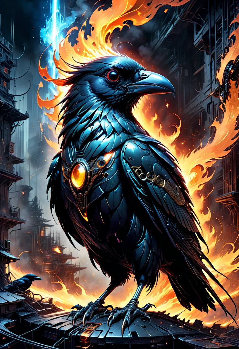 A masterful artistic digital rendering of a sinister cybernetic crow made from sparks and fire by Simon Prades, h.r giger, russ mills, Shaun Ryken, celestial, UHD, 8k resolution, fantasy editorial art, complex and hyperdetailed, beautiful composition, a modern surrealistic masterpiece by Dan Mumford