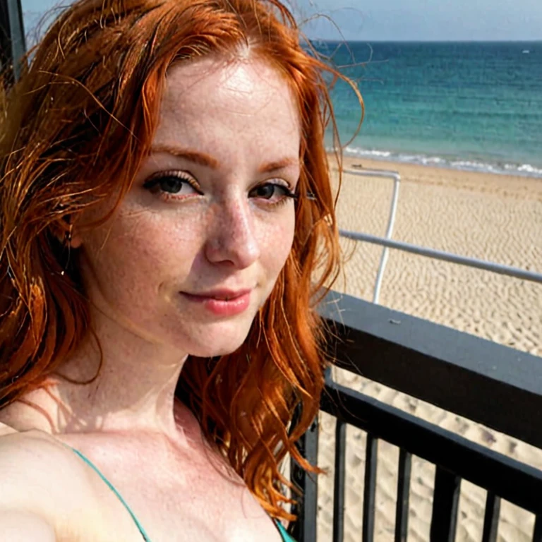 Une femme rousse dans un selfie habillé très sexy sur un balcon ou derrière on voit une plage 