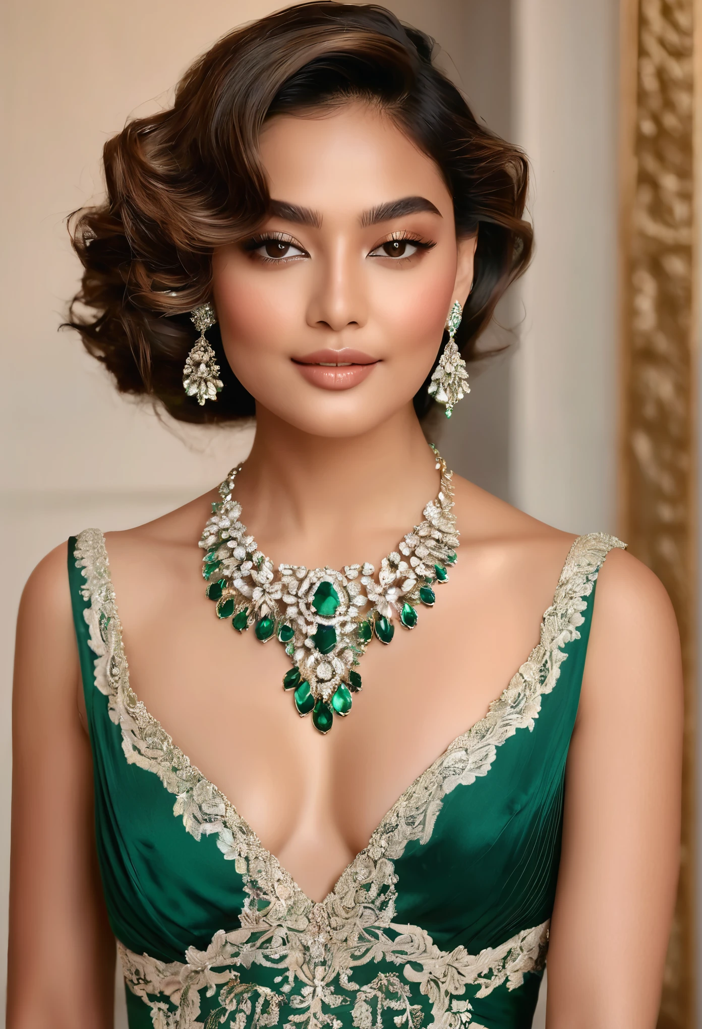 She is adorned in an exquisite ensemble, embodying sophistication and elegance with every detail. Her attire begins with a flowing, floor-length gown crafted from rich, emerald-green satin, hugging her curves in all the right places and cascading gracefully to the ground. The neckline is adorned with delicate lace detailing, adding a touch of femininity to the ensemble.
Completing her look, she wears a pair of shimmering, silver stiletto heels that elongate her slender legs, reflecting the light with every step she takes. Her accessories are minimal yet striking, with a statement necklace featuring a sparkling emerald pendant that catches the eye.
Her hair is styled in loose, cascading curls, framing her face in a soft halo of elegance. A sweep of rose-gold eyeshadow accentuates her almond-shaped eyes, while a touch of rosy blush highlights her cheekbones, adding a subtle warmth to her complexion.
With a confident stride and a radiant smile, she exudes an aura of grace and poise, effortlessly capturing the attention of all who behold her.