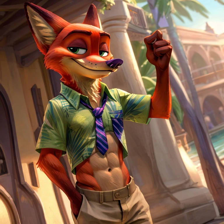 a digital artwork of Nick Wilde with abs wearing a crop top of his green Hawaiian shirt with indigo tie and khaki pants with a bare midriff and a bare navel , digital art, ((perfect face)), ((best quality)), ((masterpiece)),