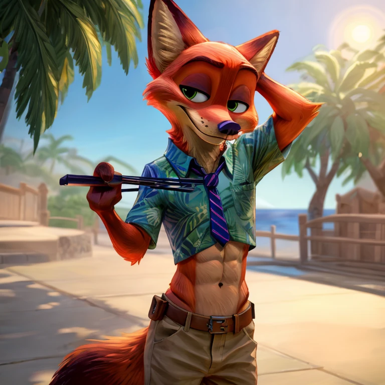a digital artwork of Nick Wilde with abs wearing a crop top of his green Hawaiian shirt with indigo tie and khaki pants with a bare midriff and a bare navel , digital art, ((perfect face)), ((best quality)), ((masterpiece)),