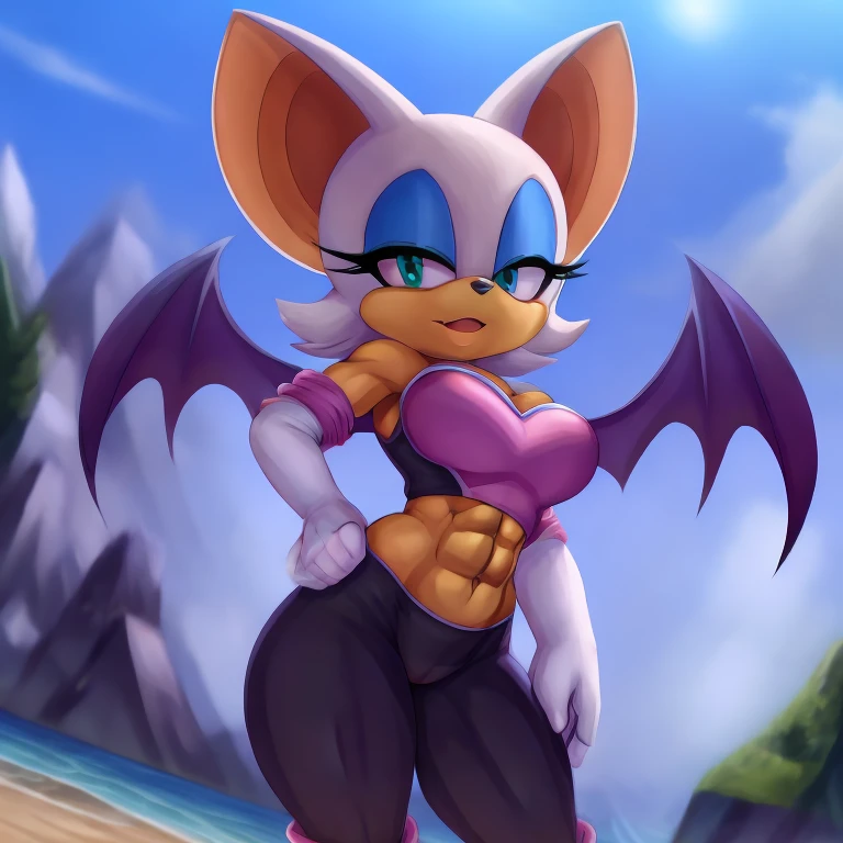 a digital artwork of Rouge the bat with abs wearing a crop top of her original outfit with a bare midriff and a bare navel , digital art, ((perfect face)), ((best quality)), ((masterpiece)), she has a tan midriff