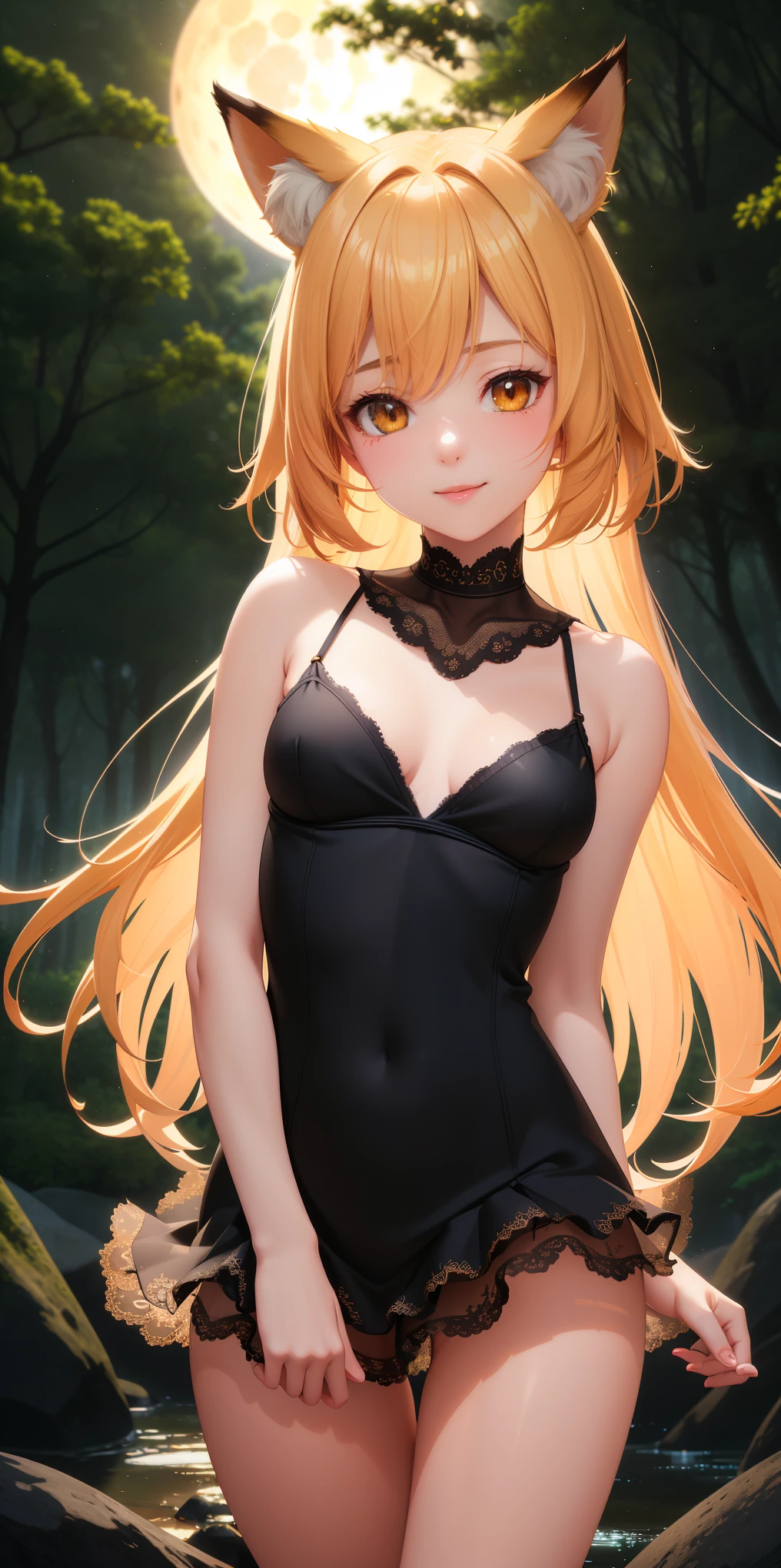 FoxGirl Kawaii, perfect small breasts, cute, top dress fuzzy short lace skirt, female body exposed ((detailed background, VHD, Vray shading, RT)), masterpiece, hyperalistic, hyperdetailed, best quality, 16k, light effect and shadow on the skin, bright colors) ), cute smile ((skin with light and shadow)) flirting with the viewer, river, full moon night, lights, forest