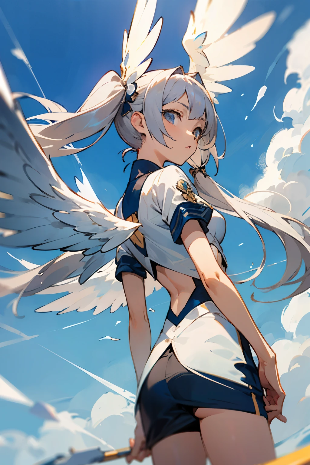 anime,multiple names,silver hair, twin tails, blue sky background, masterpiece,Not real,wings on the back