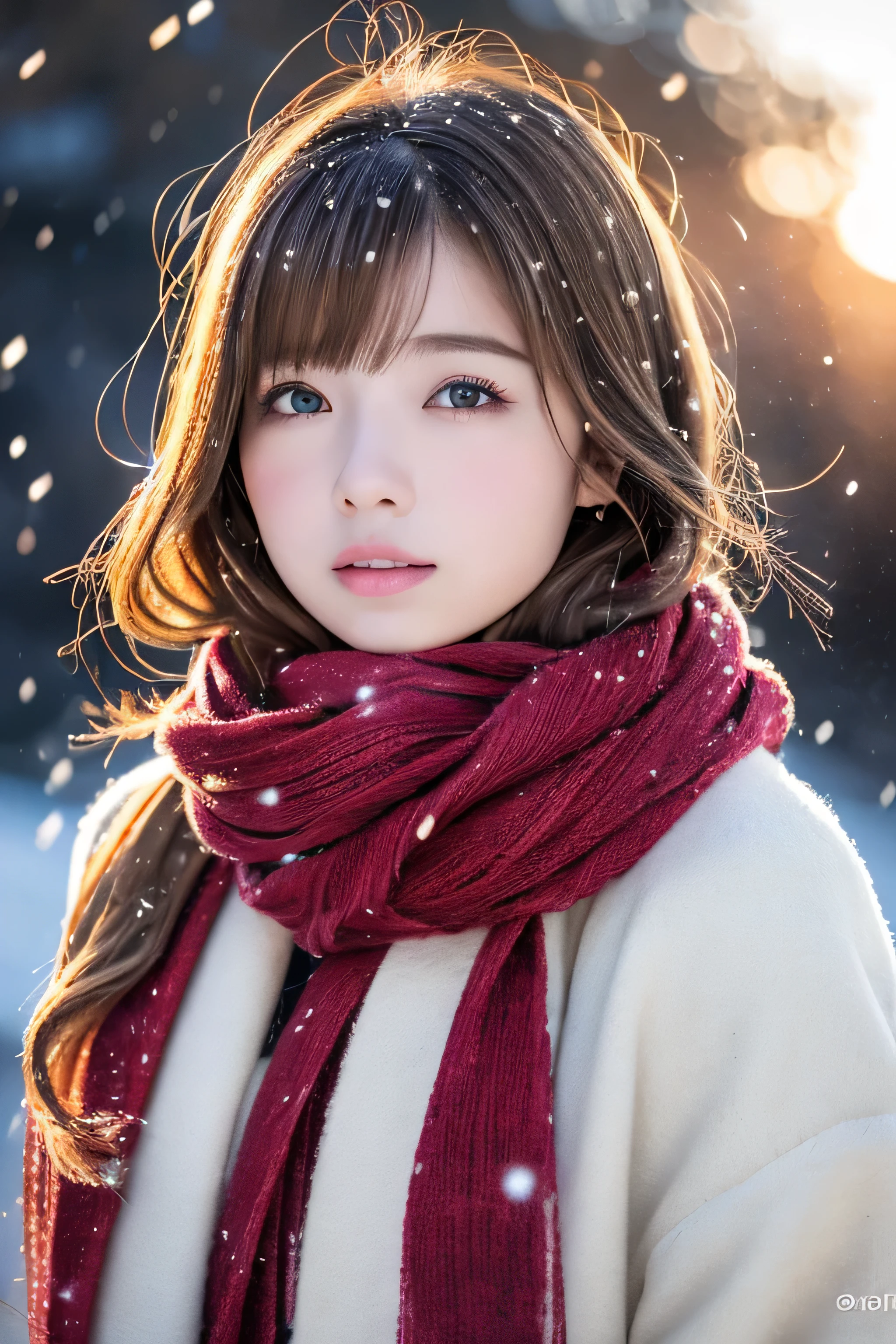 ((hair blowing in the wind、No makeup:1.2))、(realistic、Photoreal、super detailed、best detailed skins、highest quality、masterpiece、超A high resolution)、cute russian woman、14 years、high school girl、young girl、1 girl、have bangs、ash blonde:1.7、double eyelid、drooling eyes、Japanese style face、purity、realistic skin type、thick muffler、Gray muffler、fluffy hair、((There's hair in the scarf:1.3))、red cheeks、The wind is blowing、It's snowing、night、illumination、lighting from behind、hair blowing in the wind