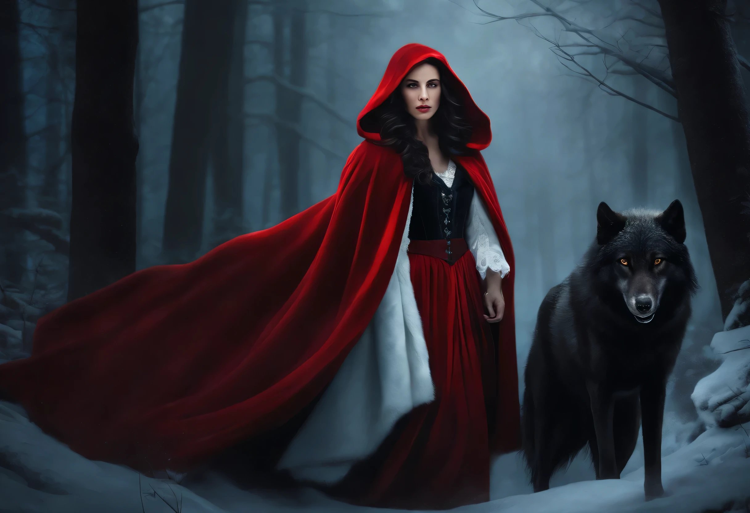 The Girl in the Red Cloak with the Wolf in the Dark Forest detailed digital painting, a photorealistic painting, art photography