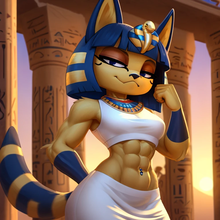 a digital artwork of ankha with abs wearing a crop top of her white sleeveless dress outfit with a bare midriff and a bare navel , digital art, ((perfect face)), ((best quality)), ((masterpiece)), sideview, Egypt setting, navel piercing, smug look