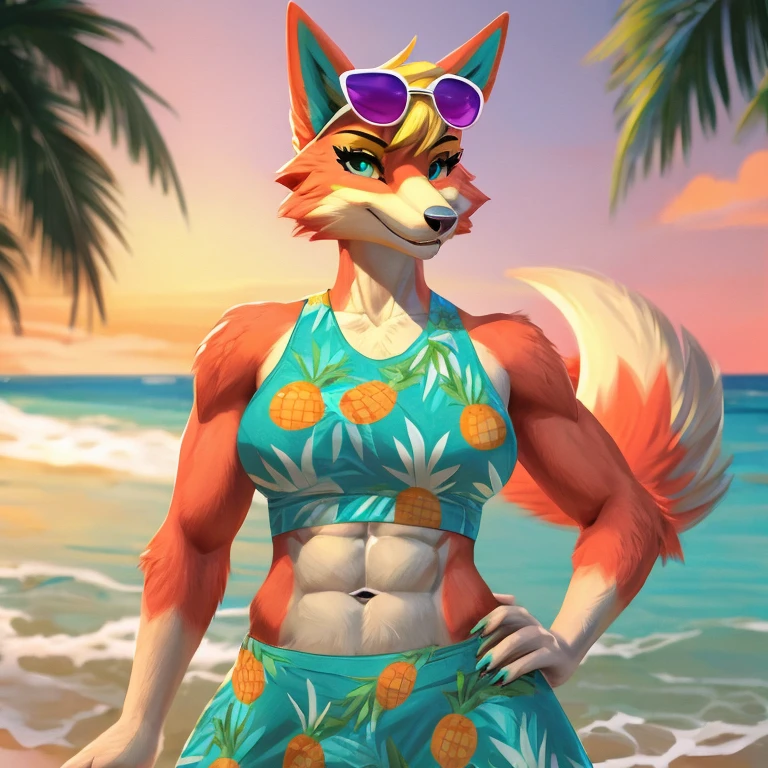 a digital artwork of audie with abs wearing a crop top of her  default turquoise and pineapple print dress  with turquoise and pineapple printskirt, a bare midriff and a bare navel , digital art, ((perfect face)), ((best quality)), ((masterpiece)), she has sunglasses on her forehead 