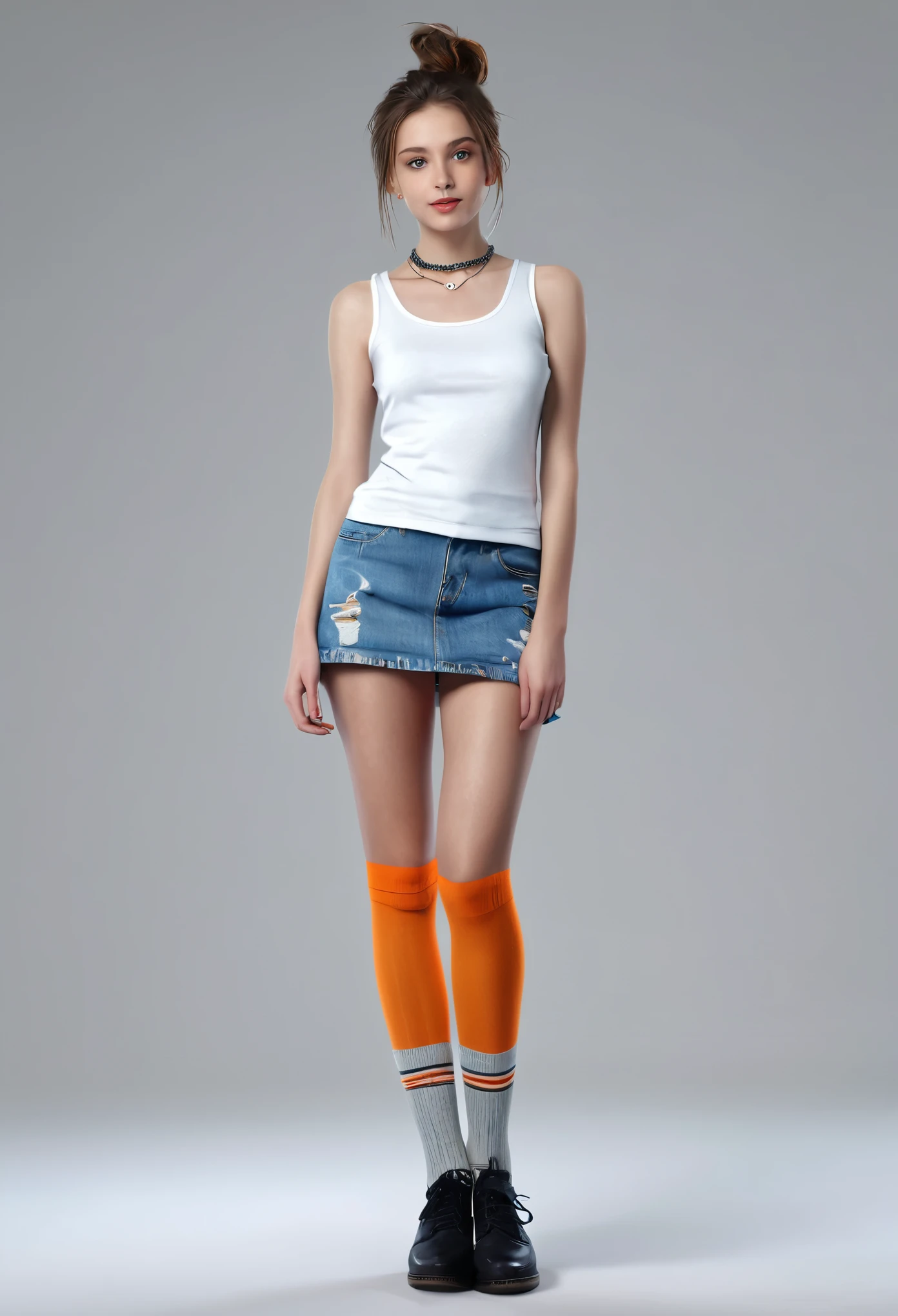 1 5 y.o.,very very skinny girl with a tank top and short skirt,(best quality,4k,8k,highres,masterpiece:1.2),ultra-detailed,(realistic,photorealistic,photo-realistic:1.37) (looking at viewer), long socks with shoes, wide shot a beautiful woman, (modern photo), ( off-top ),((plain background orange)), 85mm, (analog, cinematic, film grain:1.3), detailed bulging eyes, painted lips, necklace, (epicPhoto), (looking at viewer), (((transparent top ))),(brakets)(realistic,photorealistic,photo-realistic:1.37) (looking at viewer), long socks with shoes, wide shot, years