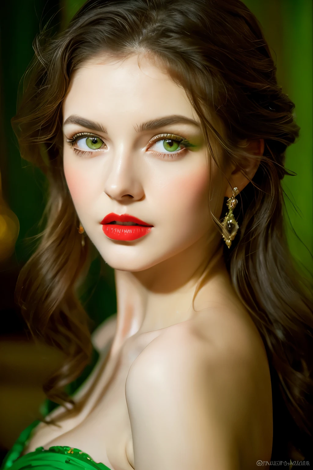 red lips, green eyes, oil painting, vivid colors, intense gaze, soft and smooth skin, detailed facial features, flowing hair, elegant pose, dim lighting, romantic ambiance