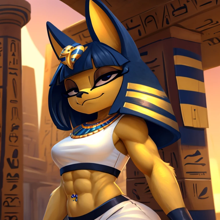 a digital artwork of ankha with abs wearing a crop top of her white sleeveless dress outfit with a bare midriff and a bare navel , digital art, ((perfect face)), ((best quality)), ((masterpiece)), sideview, Egypt setting, navel piercing, smug look