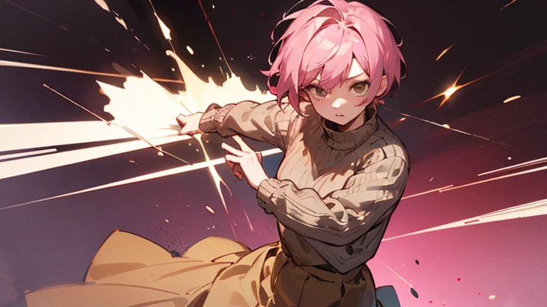 Natsuki, Doki Doki Literature Club, pink hair short hair, brown sweater, long skirt, fighting style, Heroic, looking for viewer 
((Home_background))