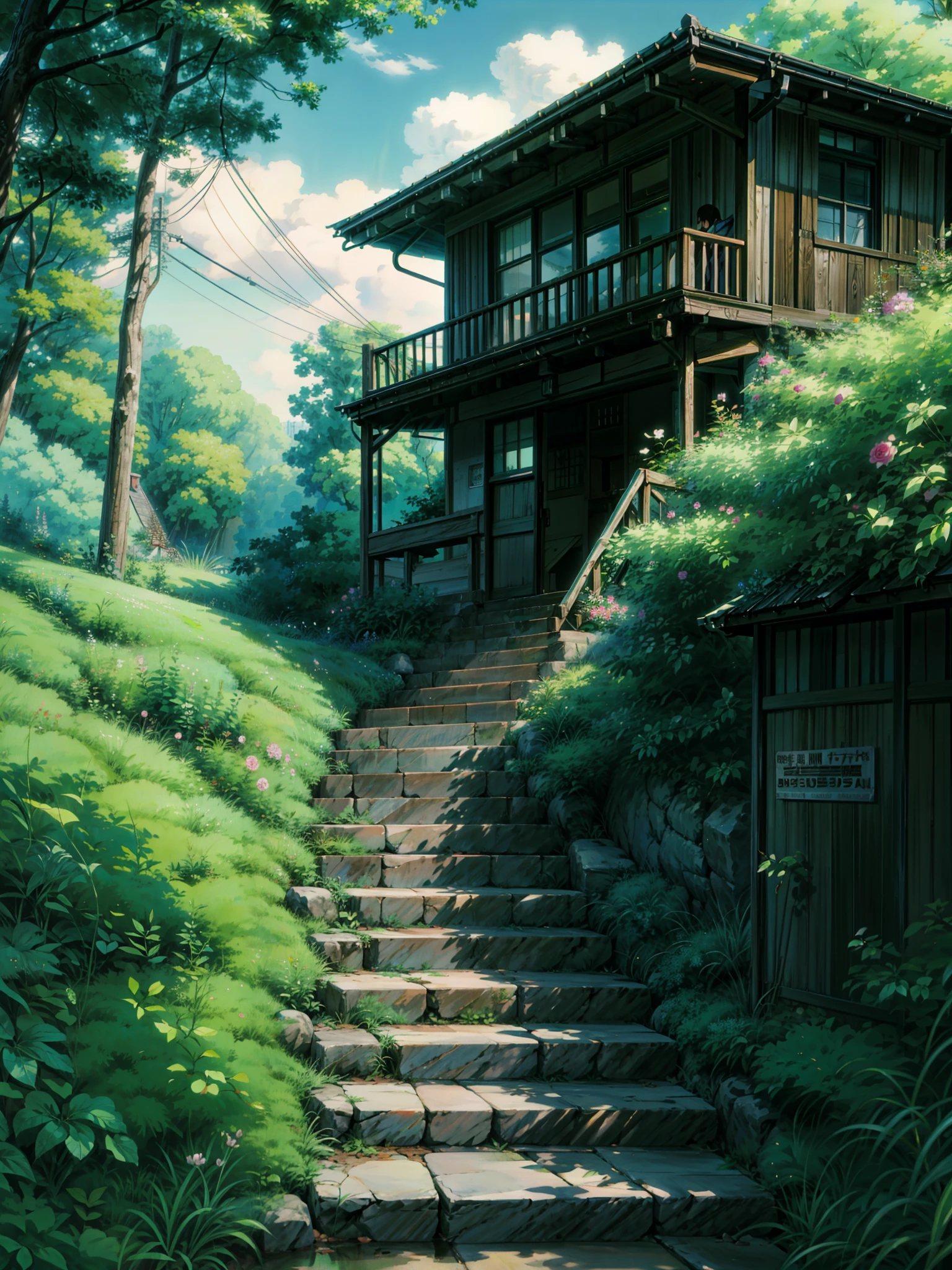 a painting of stairs leading up to the way, flowers, hanging flowers, roses, makoto shinkai. high detail, overgrowth. by makoto shinkai, by makoto shinkai, by Makoto Shinkai, anime. by makoto shinkai, studio ghibli environment, ghibli studio art, cinematic studio ghibli still, ghibli studio style, style of makoto shinkai,  4k hd,, beautiful art uhd 4 k, a beautiful artwork illustration, beautiful digital painting, highly detailed digital painting, beautiful digital artwork, detailed painting 4 k, very detailed digital painting, rich picturesque colors, gorgeous digital painting