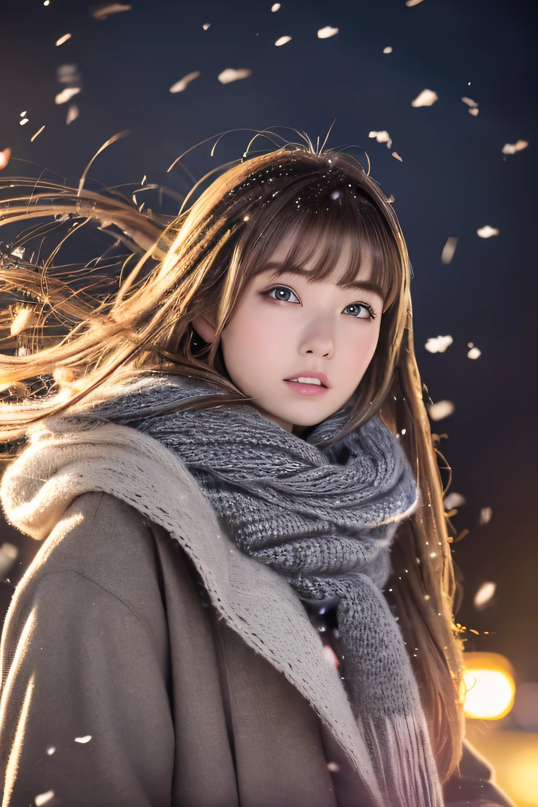 ((hair blowing in the wind、No makeup:1.2))、(realistic、Photoreal、super detailed、best detailed skins、highest quality、masterpiece、超A high resolution)、cute russian woman、14 years、high school girl、young girl、1 girl、have bangs、ash blonde:1.7、double eyelid、drooling eyes、Japanese style face、purity、realistic skin type、thick muffler、Gray muffler、fluffy hair、((There&#39;s hair in the scarf:1.3))、red cheeks、The wind is blowing、It&#39;s snowing、night、illumination、lighting from behind、hair blowing in the wind