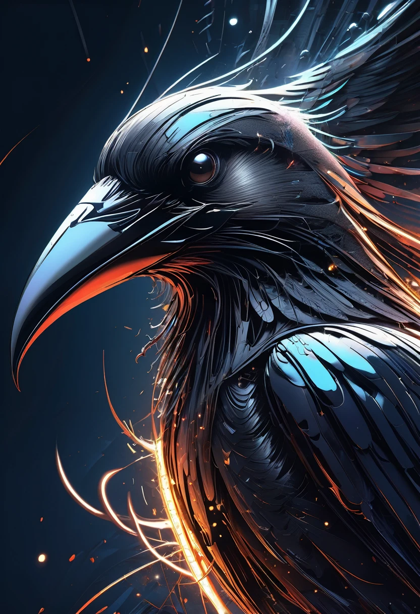 A masterful artistic digital rendering of a sinister cybernetic crow made from sparks and fire by Simon Prades, h.r giger, russ mills, Shaun Ryken, celestial, UHD, 8k resolution, fantasy editorial art, complex and hyperdetailed, beautiful composition, a modern surrealistic masterpiece by Dan Mumford