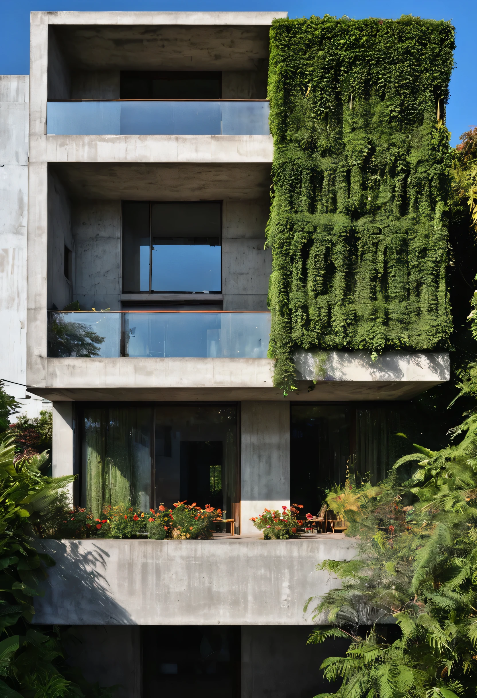 RAW image, taken on a Canon EOS R3, com lente telefoto teleobjetiva 300mm, 8K top quality, natural look, dawn, 3 pm hour, DSLR photo ultra detailed, realistic. This four-story Brutalist home emerges with an imposing presence and austere elegance. Its massive, angular structure is complemented by balconies on each floor., adorned with climbing plants that soften the rigidity of the concrete and bring a touch of life to the architecture. The balconies are supported by Ionic columns, whose elaborate pharaonic-style capitals give the building a sense of grandeur and history. These columns seem to rise towards the sky, as pillars of strength and beauty, enquanto as plantas trepadeiras que as envolvem adicionam uma camada de delicadeza e vitalidade. In front of the house, um lago sereno se estende, capturing the sun&#39;s rays falling on its tranquil surface. A luz dourada do entardecer reflete nas janelas da casa, creating patterns of shadows and reflections that gently dance across concrete walls. in the sky, birds fly freely, suas silhuetas elegantes contrastando com o horizonte amplo e aberto. O som de suas asas batendo contra o ar ecoa pela paisagem, adding a serene soundtrack to the picturesque scene. Despite the grandeur of brutalist architecture, a casa parece integrar-se harmoniosamente ao ambiente natural ao seu redor. The lake and birds offer a sense of serenity and life, while the sunlight highlights the beauty and complexity of the architectural structure. This brutalist house is more than just a residence; is a work of art that encapsulates the interaction between man and nature, entre a rigidez do concreto e a delicadeza das plantas, between the solidity of history and the ephemerality of sunlight. It is a testament to architecture&#39;s ability to inspire and move, despite the apparent simplicity of its form and function.