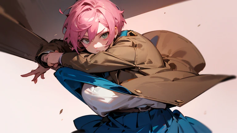 Natsuki, Doki Doki Literature Club, pink hair short hair, blazer, brown sweater, blue skirt, long skirt, fighting style, Heroic, looking for viewer 
((Home_background))