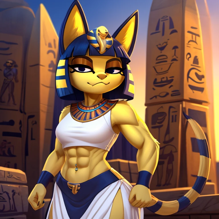 a digital artwork of ankha with abs wearing a crop top of her white sleeveless dress outfit with a bare midriff and a bare navel , digital art, ((perfect face)), ((best quality)), ((masterpiece)), sideview, Egypt setting, navel piercing, smug look