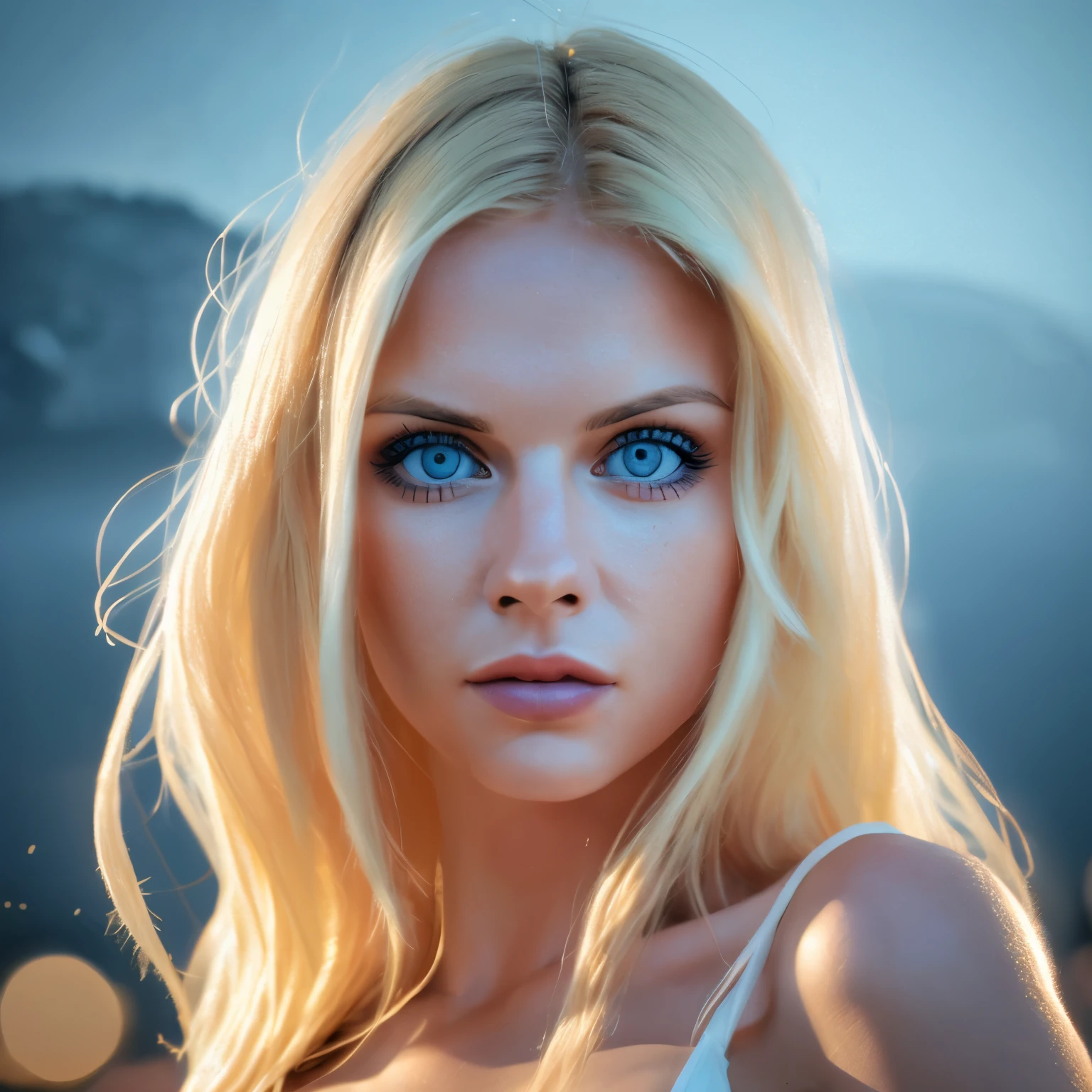 fiery blonde goddess, glowing blue shining eyes, posing, realistic, flaming, fire powers