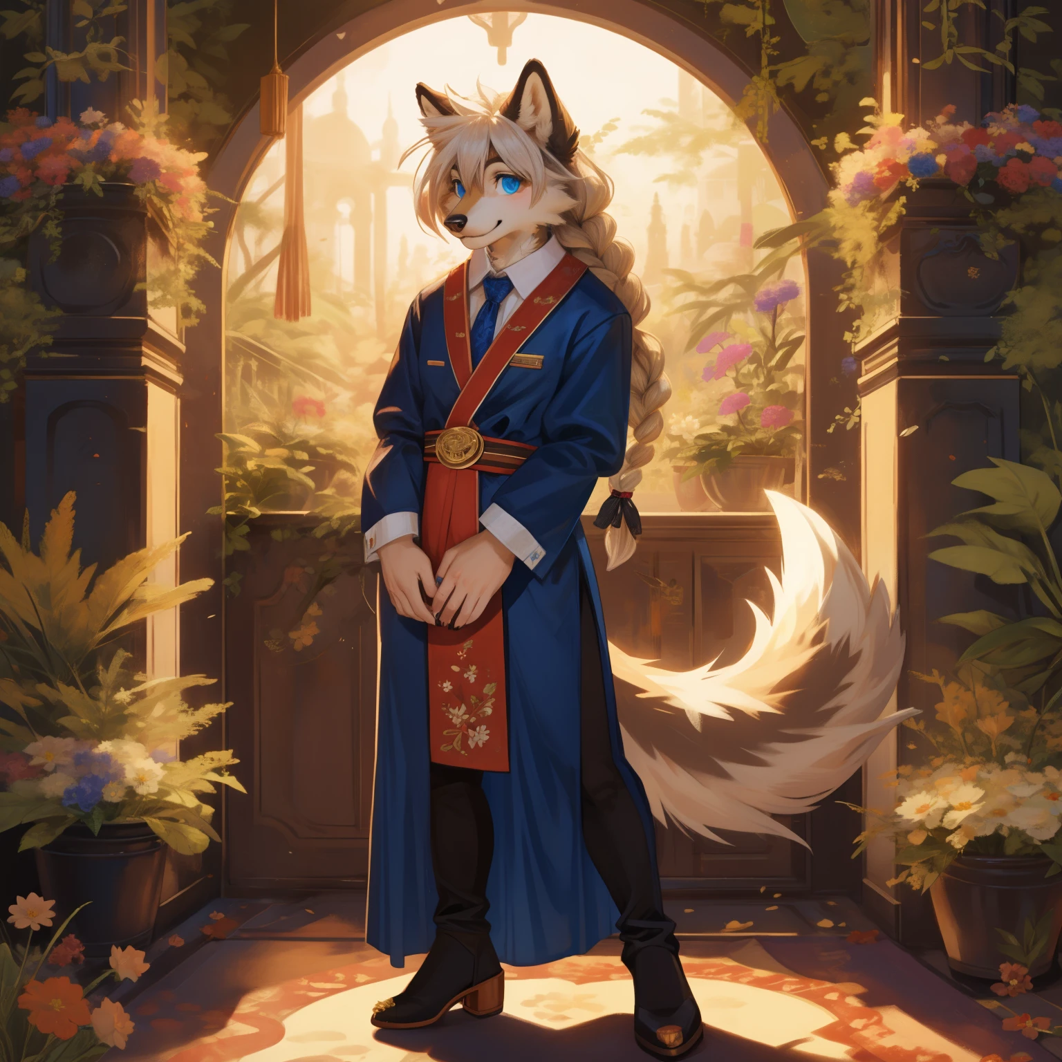 woman, furry woman, wolf woman, full body portrait, full fur, white fur, full tail, big tail, white tail, white hair, long hair, bushy hair, hair with braid, a brooch in the hair, pattern of flower brooch, gold-colored brooch, almond-shaped eyes, blue eyes, shy smile, charming face, red cheek, semi-long dress, blue dress, patterned dress, gold embroidery, chic tights, patterned tights, black tights, chic shoe, heeled shoe, scarpin shoe, lush vegetation wallpaper,