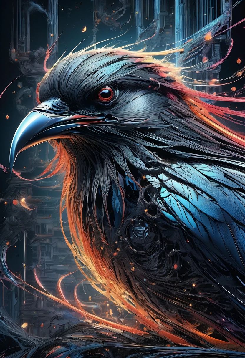 A masterful artistic digital rendering of a sinister cybernetic crow made from sparks and fire by Simon Prades, h.r giger, russ mills, Shaun Ryken, celestial, UHD, 8k resolution, fantasy editorial art, complex and hyperdetailed, beautiful composition, a modern surrealistic masterpiece by Dan Mumford