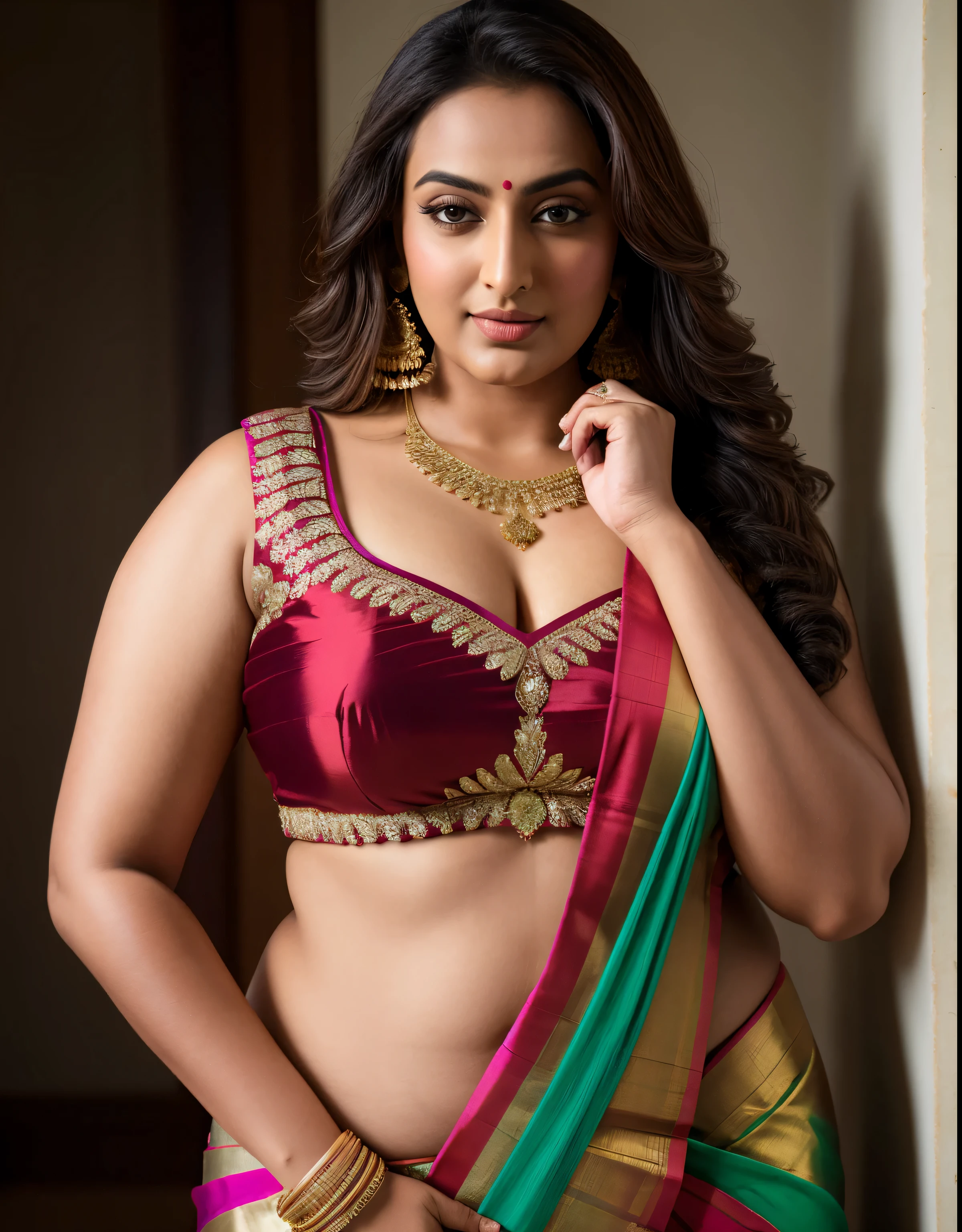 Foto RAW, photorealistic, photography, full body shot, master shot, perfect eyes, goddess like beauty, perfect thick chubby mallu Desi aunty bhabhi, Wearing a Stanapatta, a chest-band.Saree model, model Photography, Indian saree shoot, Indian traditional wear advertising photography, traditional wear brand shoot, face of Indian actress Sonakshi Sinha, masterpiece, realistic, realism, incredible details, pleasure, photorealism, detailed skin, skin pores, high contrast, photorealistic Artstation 8k HD digital art trend of high definition and detailed realistic skin texture, ultra detail, realistic skin texture, armature, best quality, ultra high definition, (photorealistic:1.4),, high resolution, detail, raw photo, Re sharp, by Lee Jefferies Nikon D850 Film Stock Photo 4 Kodak Portra 400 Camera F1.6 Lens Rich Color Ultra Real Realistic Realistic Textures Dramatic Lighting Unreal Engine Trending at Art Station Cinestill 800,(pele altamente detalhada: 1.2), 8k UHD, DSLR, soft-lighting, alta qualidade, grain of film, Fujifilm XT3,she didn't like to wear blouse or bra, she happy to wear only saree, she hates blouse or bra, detailed hairy armpits,