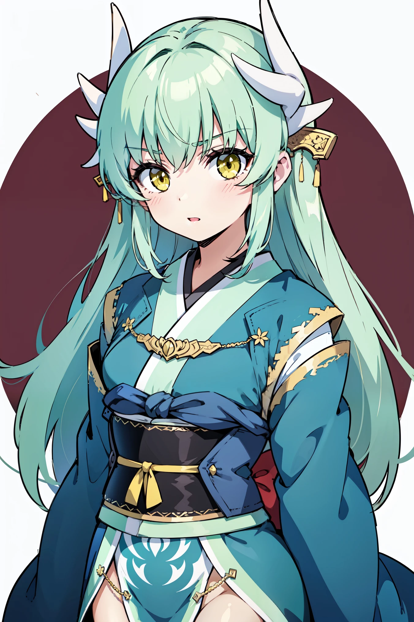 1girl, solo, aakiyo, long hair, green hair, white horns, hair ornament, yellow eyes, wearing a kimono, green kimono, pelvic curtain, white thighhighs, neutral, serious, looking at viewer, upper body, standing, arms behind back, simple background, white background, masterpiece, best quality