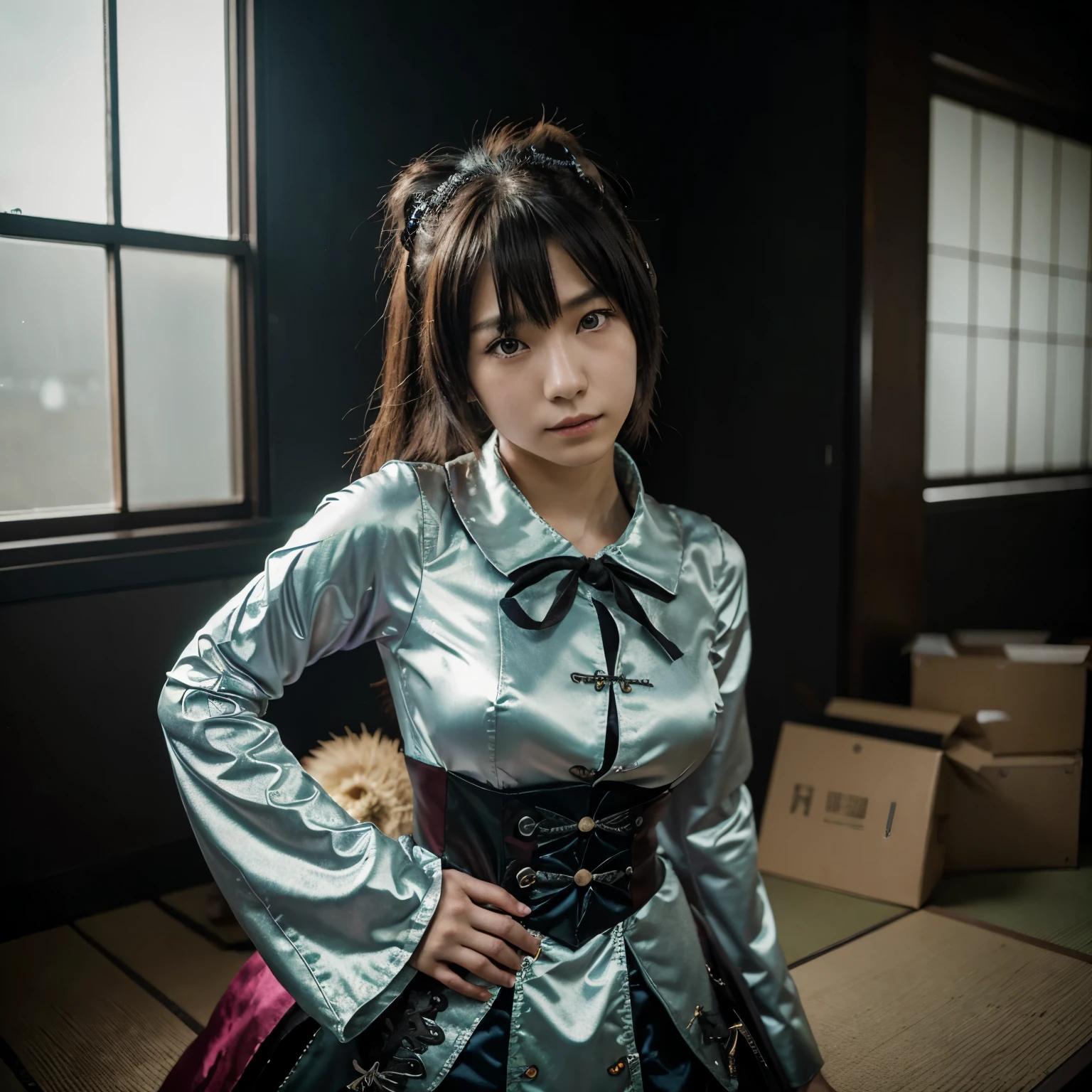 A photograph of a Japanese girl group member, howl pendragon costume, howl's moving castle, 20 yo, pretty and handsome, looking at camera, portrait, high quality