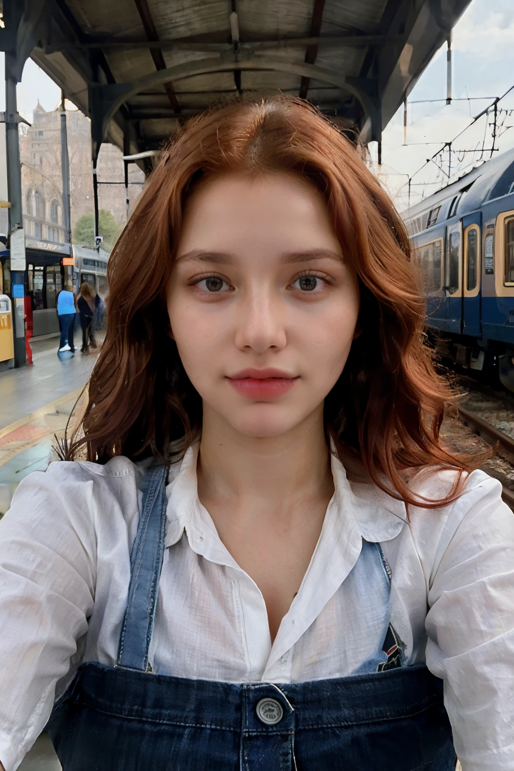 ((best quality)), ((masterpiece)), (detailed), perfect face 
woman with a shirt and a train station background, red hair Curly Crop
, blue symmetric eyes 24yo, without makeup, looking directly at the camera, looking straight to camera, front portrait, 24 year-old tunisian woman, frontal picture, selfie of a young woman, full face portrait