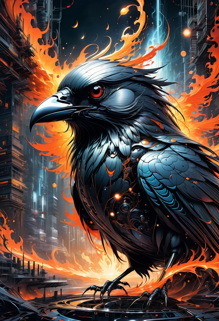 A masterful artistic digital rendering of a sinister cybernetic crow made from sparks and fire by Simon Prades, h.r giger, russ mills, Shaun Ryken, celestial, UHD, 8k resolution, fantasy editorial art, complex and hyperdetailed, beautiful composition, a modern surrealistic masterpiece by Dan Mumford
