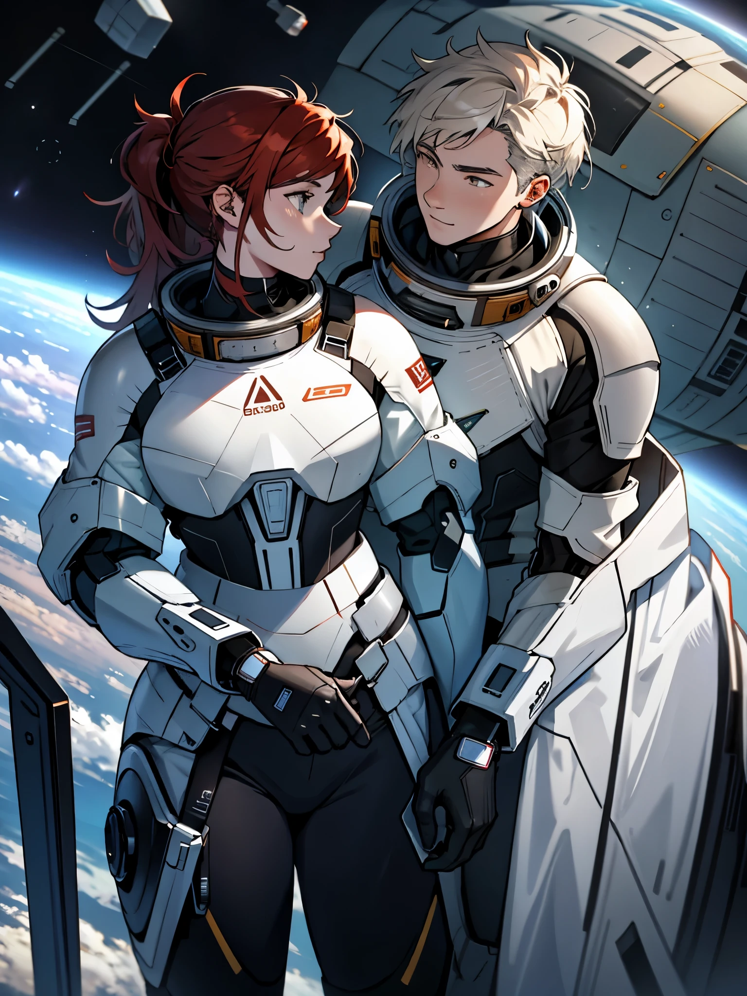 Two people in futuristic space suits embracing